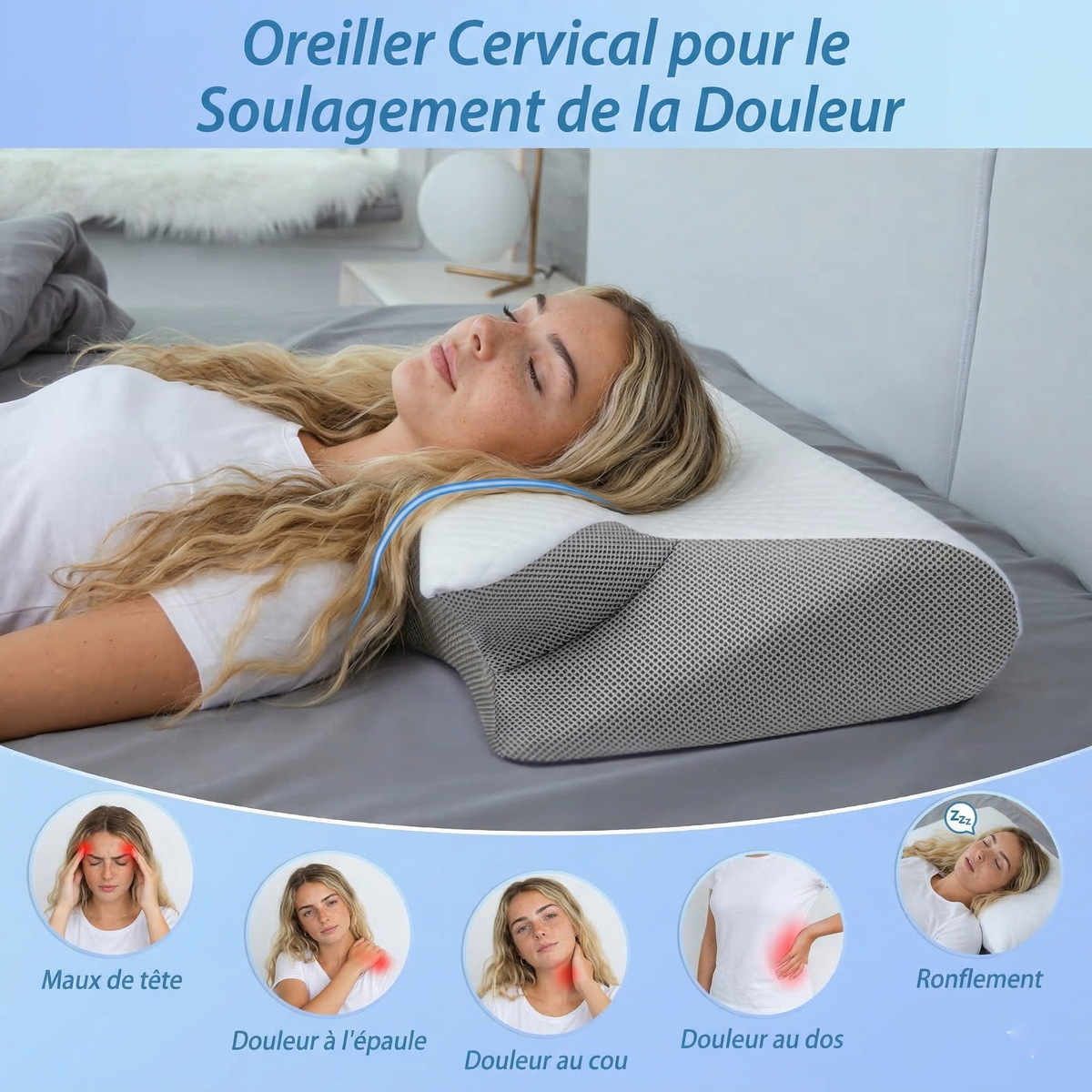 Coussin cervical ergonomique avec renfoncements bras et aération.
