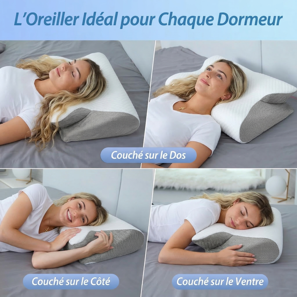 Coussin cervical ergonomique avec renfoncements bras et aération.
