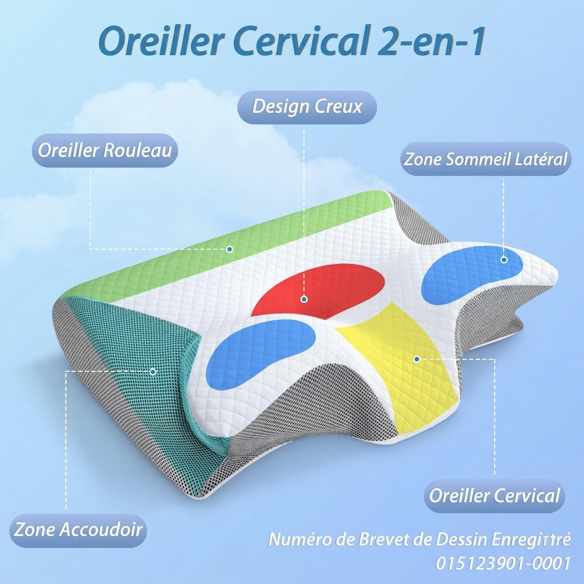Coussin cervical ergonomique avec renfoncements bras et aération.