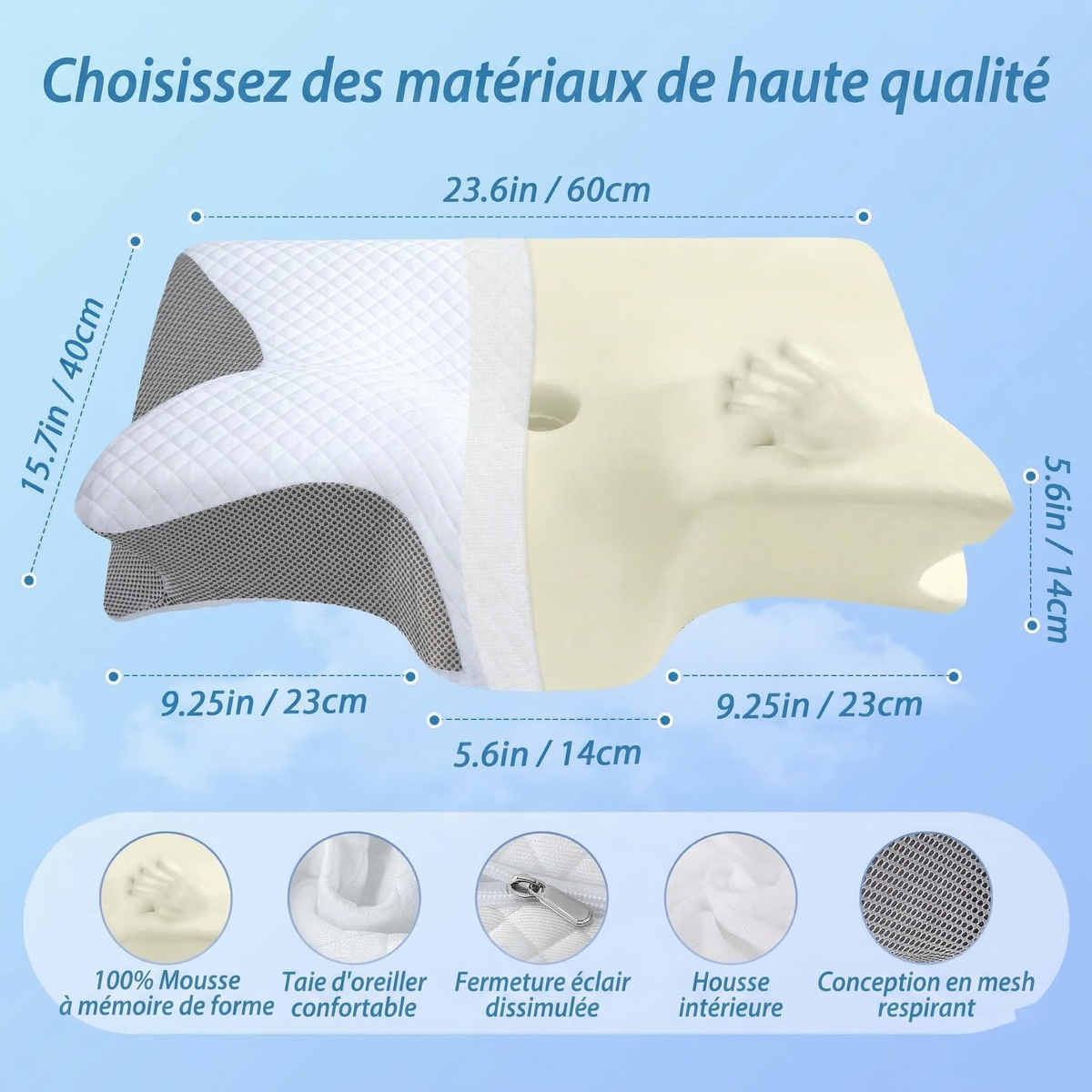 Coussin cervical ergonomique avec renfoncements bras et aération.