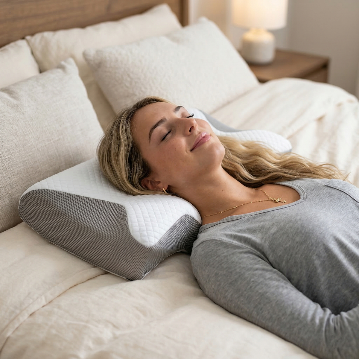 Coussin gris cervical ergonomique avec renfoncements bras et aération.