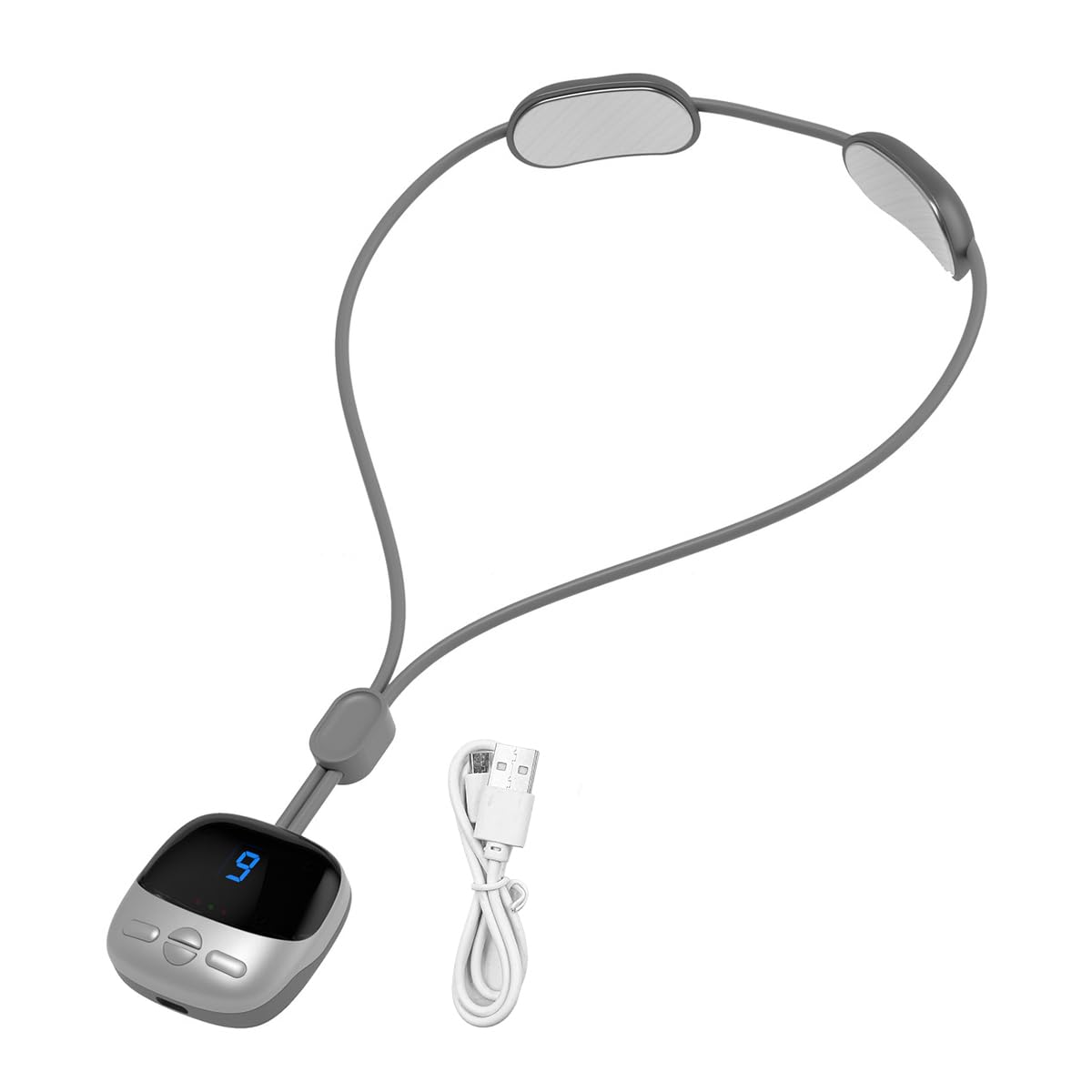 Mini masseur cervical argenté, pendentif silicone discret, thérapie chaleur, rechargeable USB.