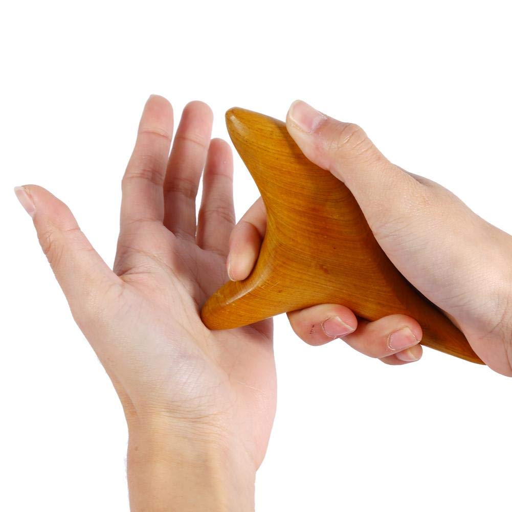 Rouleau de massage cervical en bois naturel, design ergonomique à trois pointes pour tensions cou et épaules.