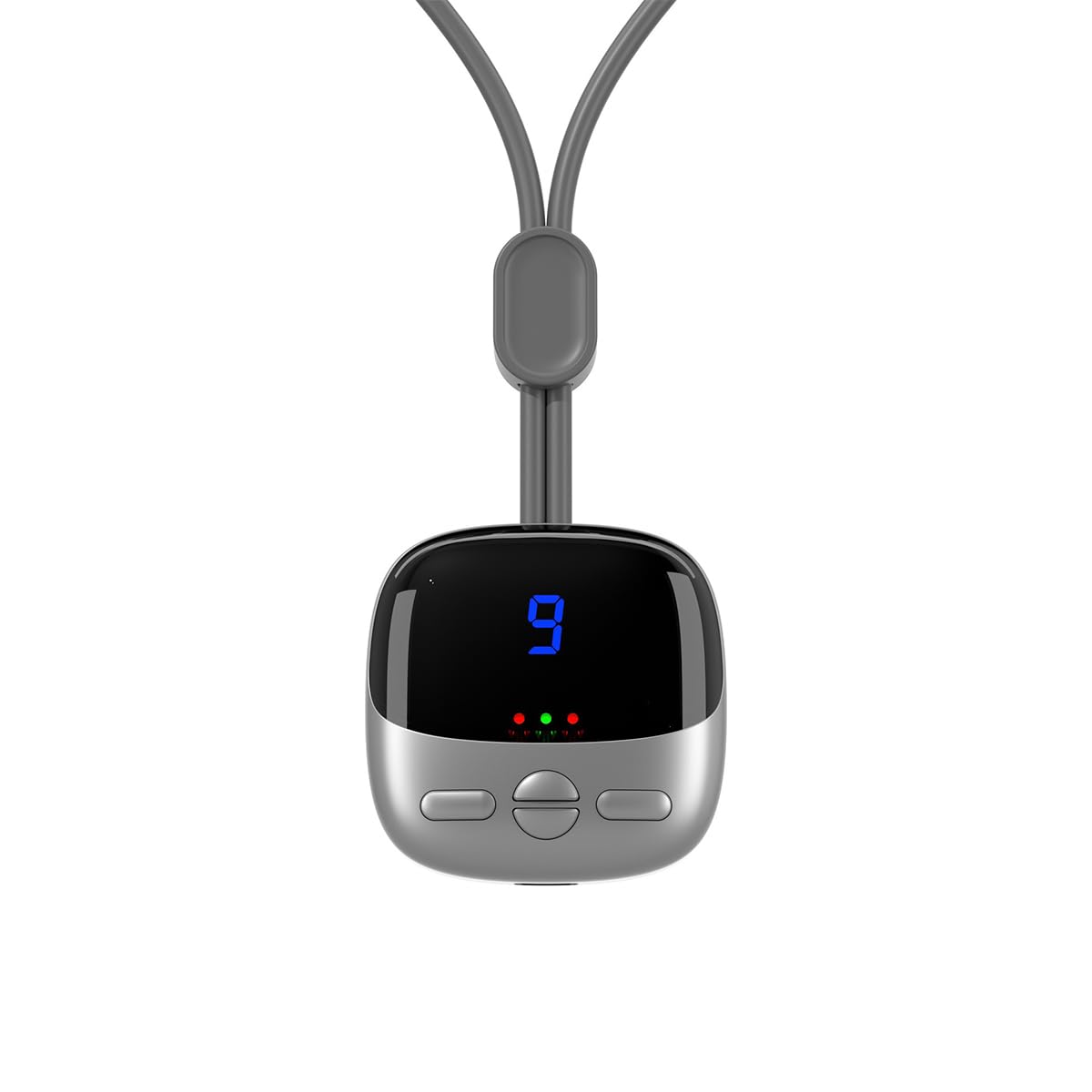 Mini masseur cervical argenté, pendentif silicone discret, thérapie chaleur, rechargeable USB.