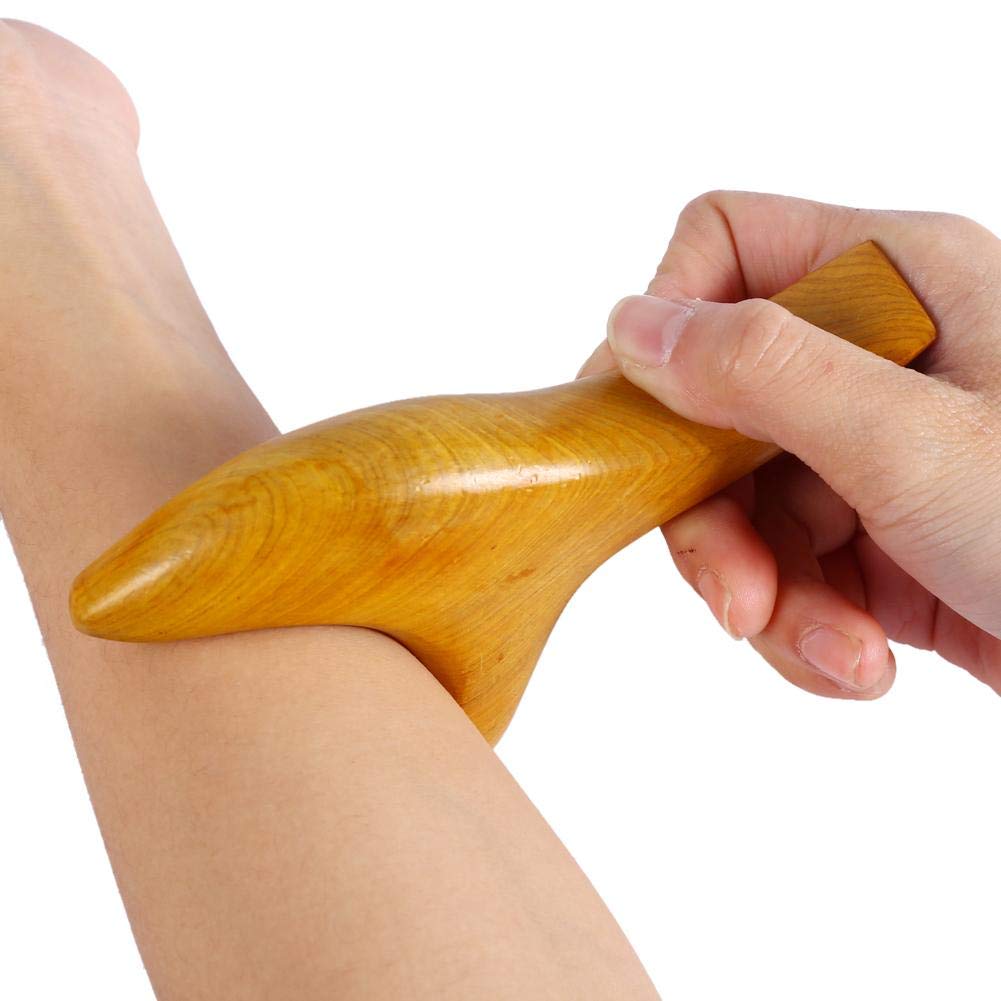 Rouleau de massage cervical en bois naturel, design ergonomique à trois pointes pour tensions cou et épaules.