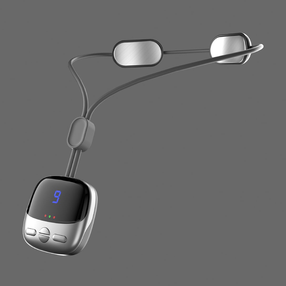 Mini masseur cervical argenté, pendentif silicone discret, thérapie chaleur, rechargeable USB.
