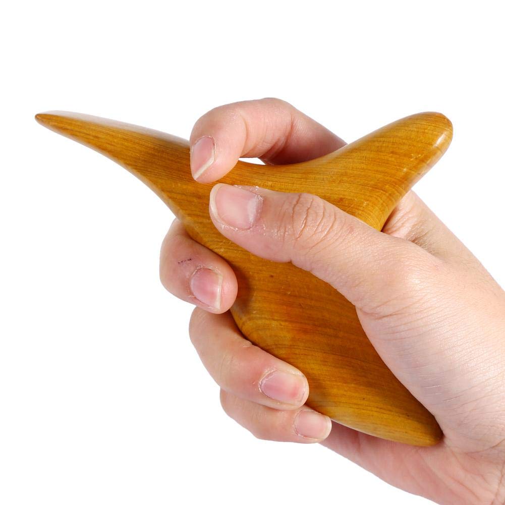Rouleau de massage cervical en bois naturel, design ergonomique à trois pointes pour tensions cou et épaules.
