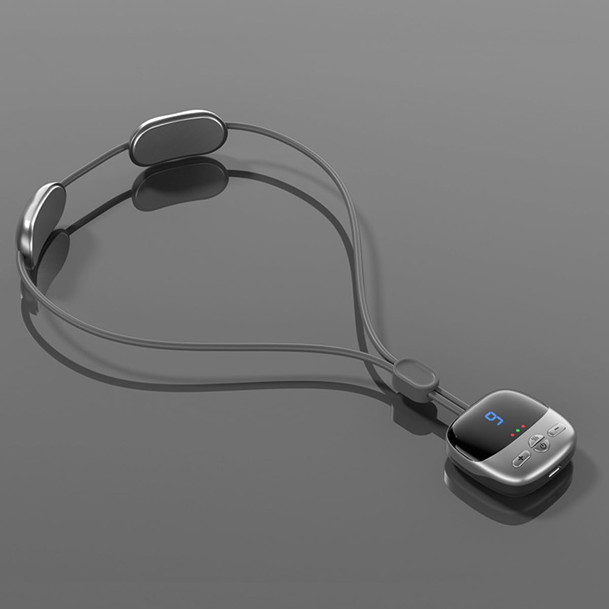 Mini masseur cervical argenté, pendentif silicone discret, thérapie chaleur, rechargeable USB.