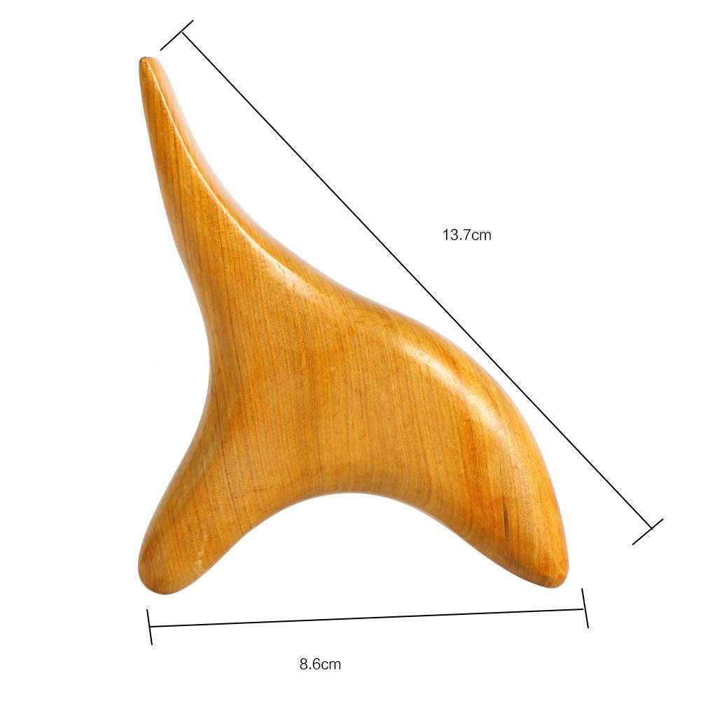Rouleau de massage cervical en bois naturel, design ergonomique à trois pointes pour tensions cou et épaules.