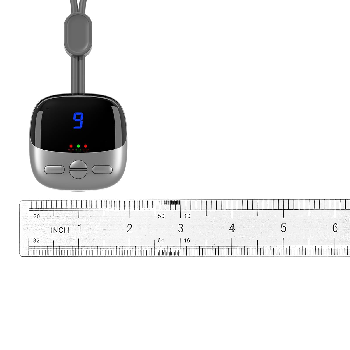 Mini masseur cervical argenté, pendentif silicone discret, thérapie chaleur, rechargeable USB.