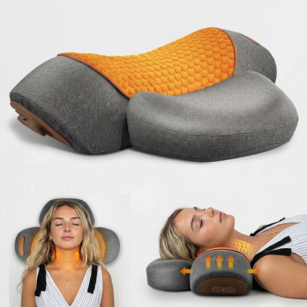 Oreiller masseur cervical chauffant ergonomique gris-orange, vibration relaxante et traction.