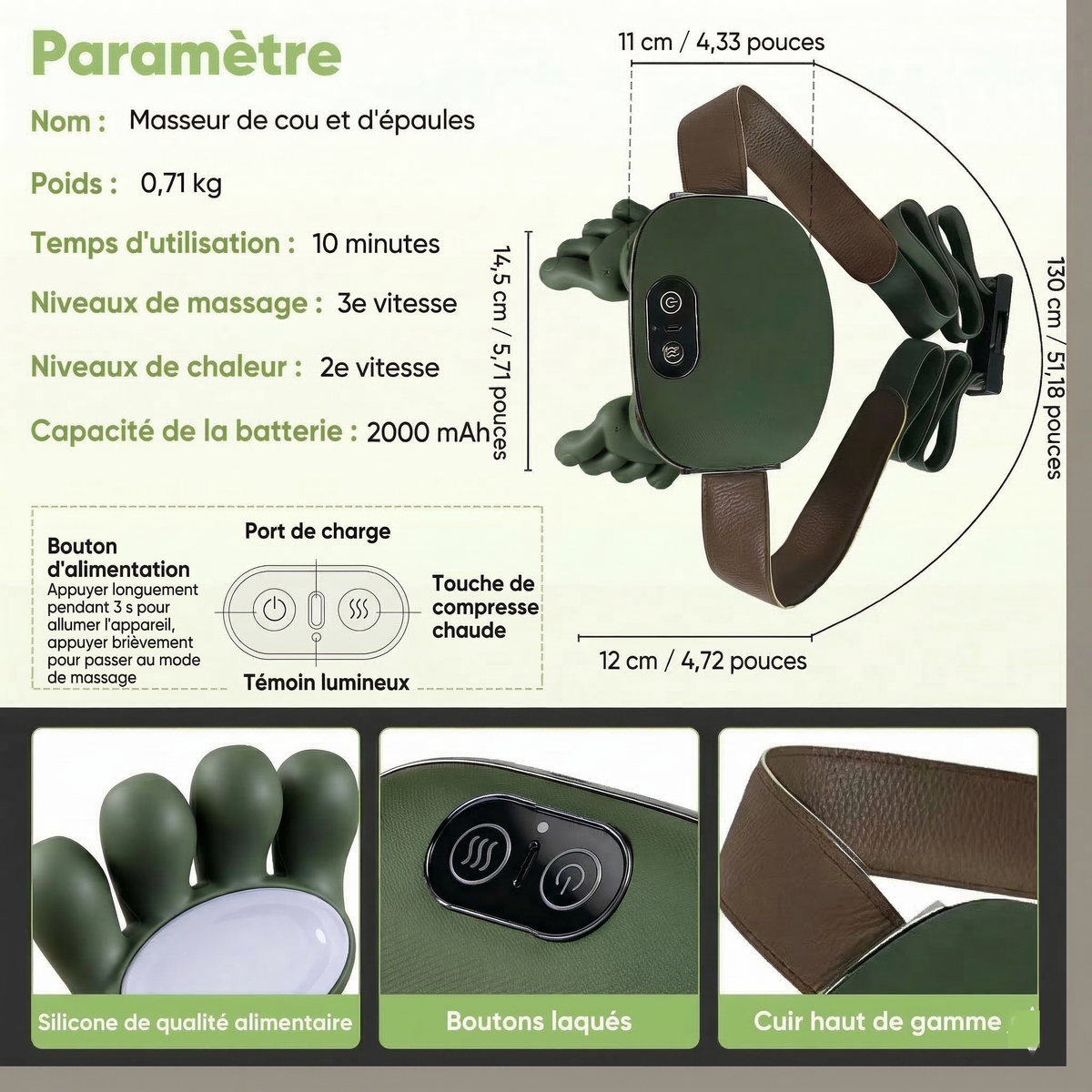 Masseur Cervical Sans Fil, Pétrissage Chauffant Vert Olive